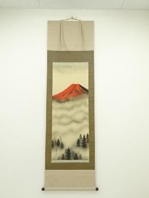 秀峰筆　赤富士　肉筆絹本掛軸（共箱）